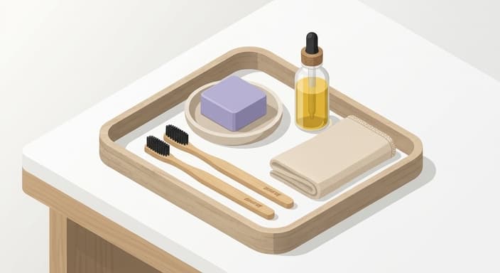 A plastic-free Zero-Waste Spa Kit featuring solid shampoo, bamboo toothbrushes, a glass essential-oil bottle, and a compostable bamboo fiber face cloth.
