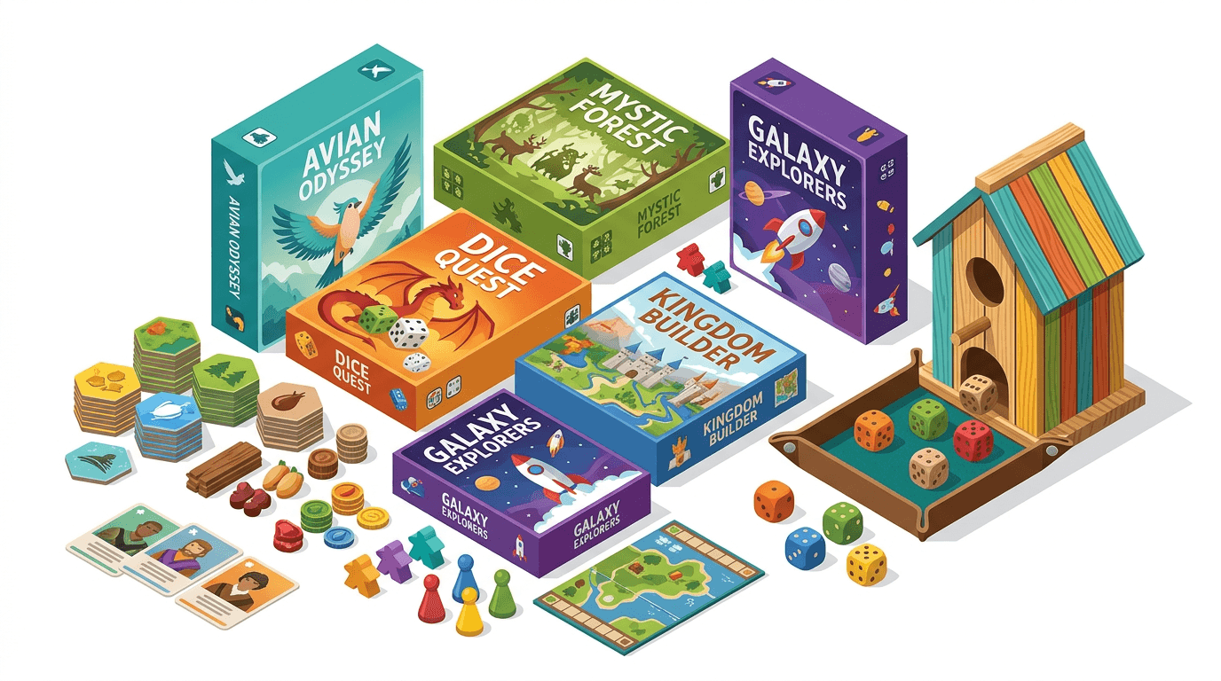 A curated selection of modern board games and accessories.
