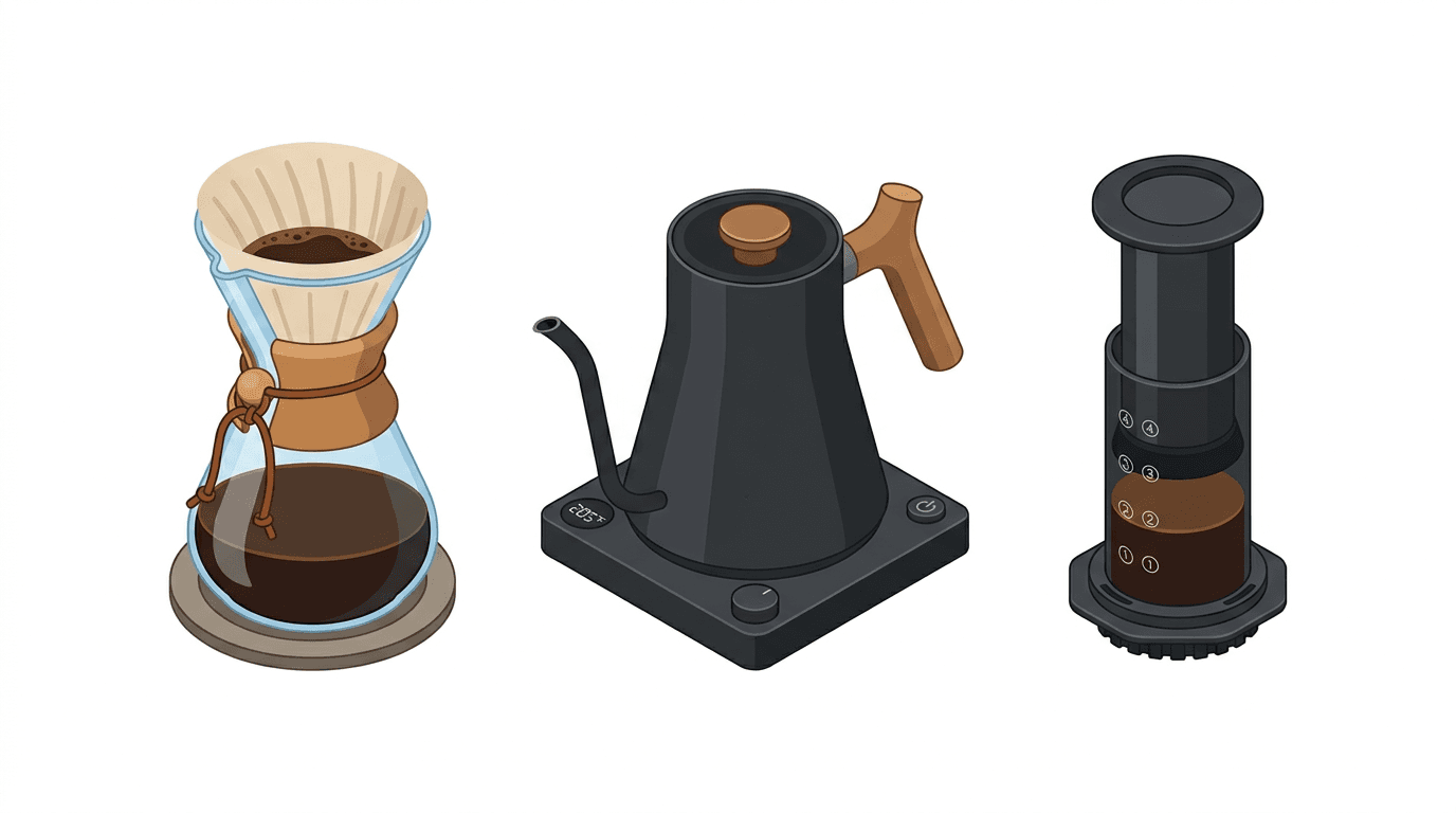 Essential manual brewing tools for the home barista.