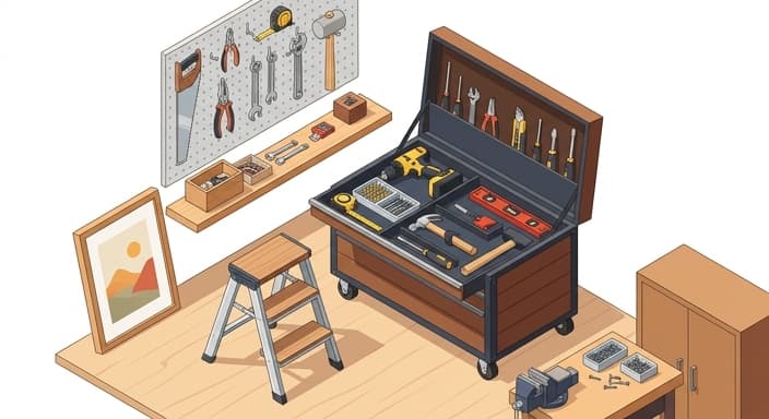 A cordless drill sits beside a tidy toolbox and a level, with a framed artwork ready to hang.