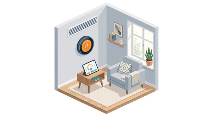 A wall-mounted smart thermostat paired with a nearby device, illustrating practical energy-conscious gifting for a new homeowner.