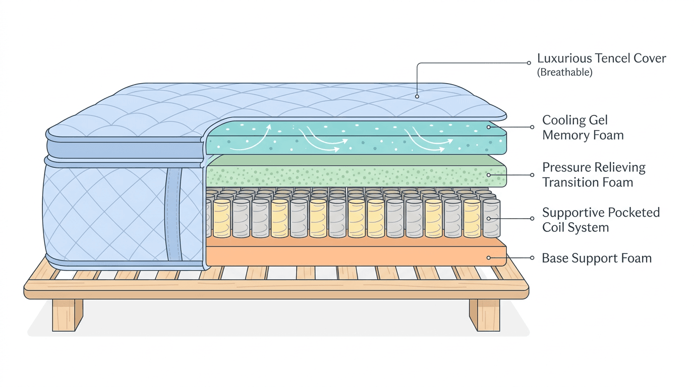 An anatomical view of the layers that provide support and temperature regulation in a premium mattress