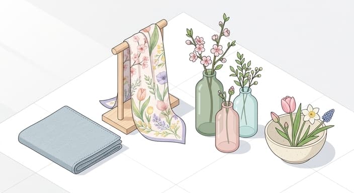 Spring-inspired still life featuring a watercolor silk scarf, glass vases with fresh stems, and airy linens.