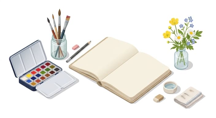 A tidy art corner ready for spring sketches and watercolor practice.