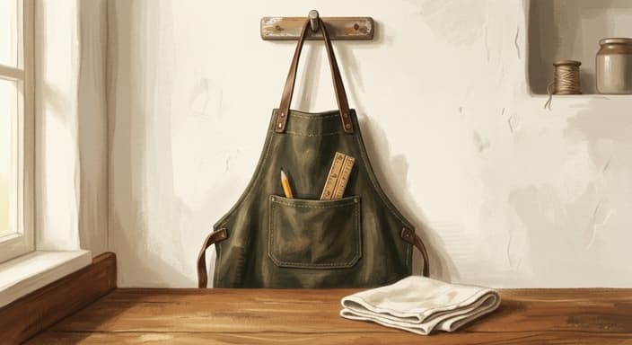 A heavy waxed canvas apron hangs at a peg, with a pencil and folding ruler tucked in its pocket.