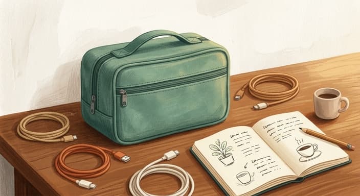 A bulky, water-resistant tech cable organizer sits on a desk beside cables and a notebook.