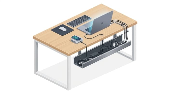 A tidy desk with an under-desk cable tray concealing clutter for a cleaner workspace.