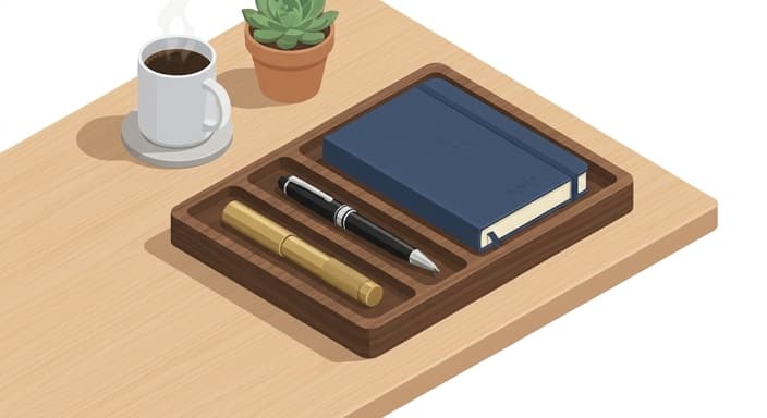 A dedicated tray with premium writing instruments and a notebook for idea capture.