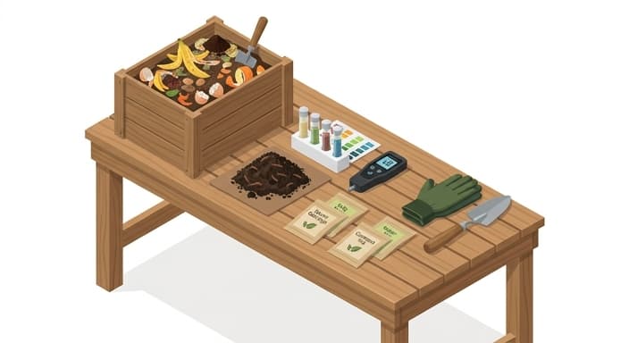 A tidy composting and soil-testing setup for precise, eco-friendly gardening.