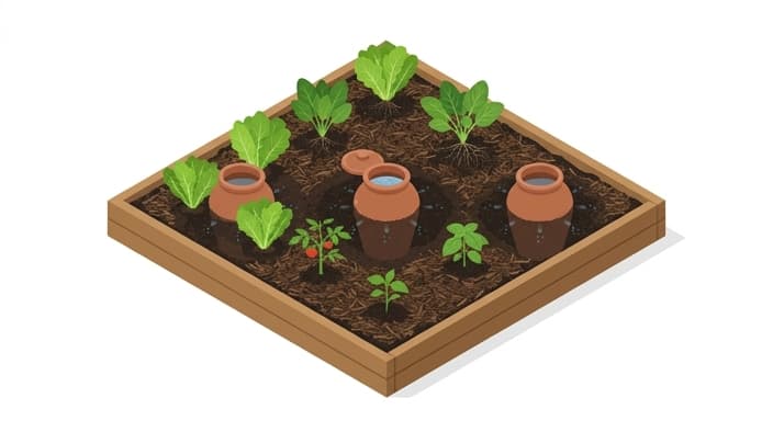 Terracotta ollas buried beside plants, delivering steady moisture to the roots.