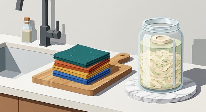 A modern kitchen scene showing reusable dishcloths and a glass fermentation crock on a light counter.