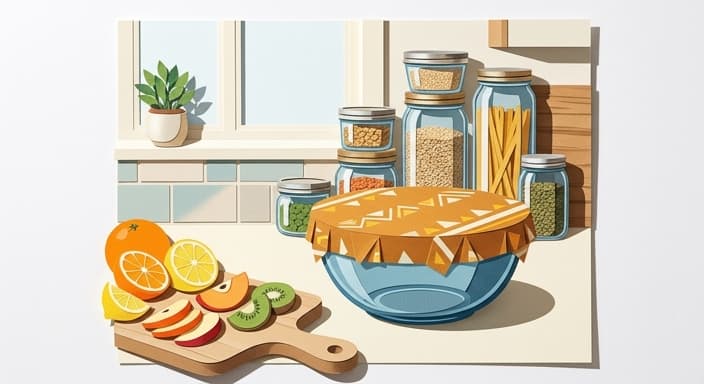 Beeswax wraps cover a bowl while a stack of clear glass storage jars sits nearby.