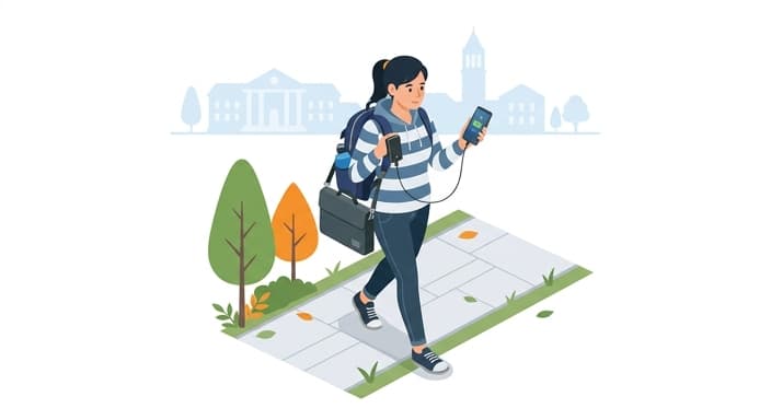A student on the move uses a portable power bank clipped to their backpack to charge a phone on the go.