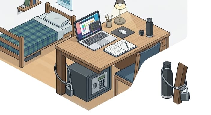 A compact dorm-safe lockbox sits on a desk beside an insulated water bottle, illustrating secure, portable dorm gifts.