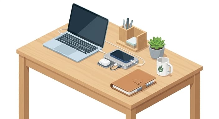 A clean, organized workspace featuring a multi-device charging hub for a career-ready graduate.