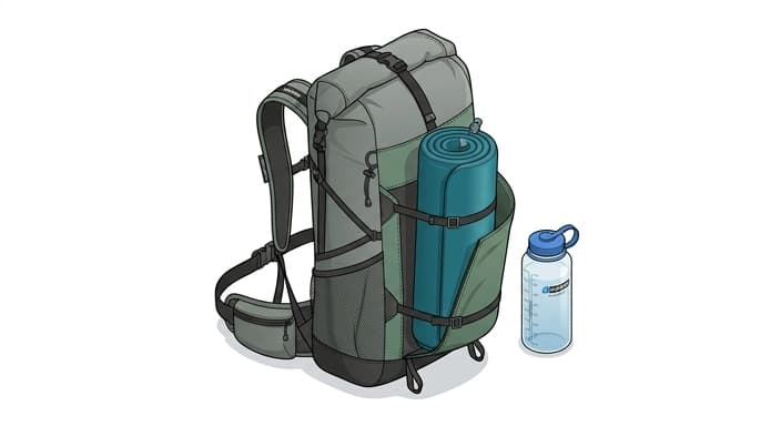 A compact pack with a rolled inflatable sleeping pad stored in the side pocket beside a standard water bottle.