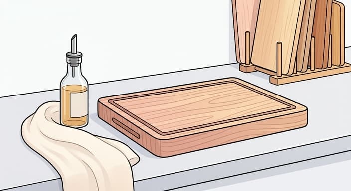A thick wooden cutting board with oil and a towel beside it, with thinner boards in the background.