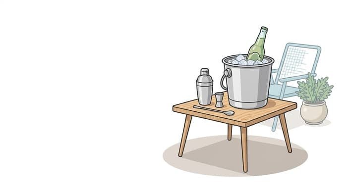 An insulated drink bucket with ice and a bottle ready for an outdoor gathering.