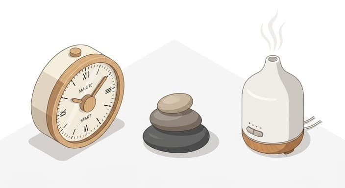 Mindfulness tools arranged on a clean surface, ready to support a focused moment.