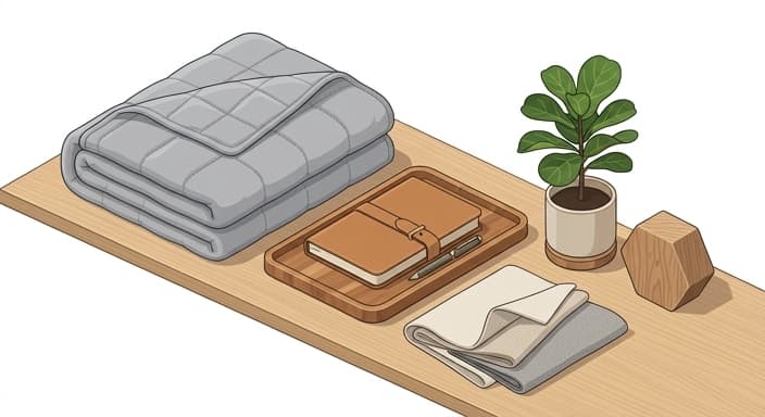 A weighted blanket and a leather journal rest on a wooden tray, creating a sanctuary-ready focal point.