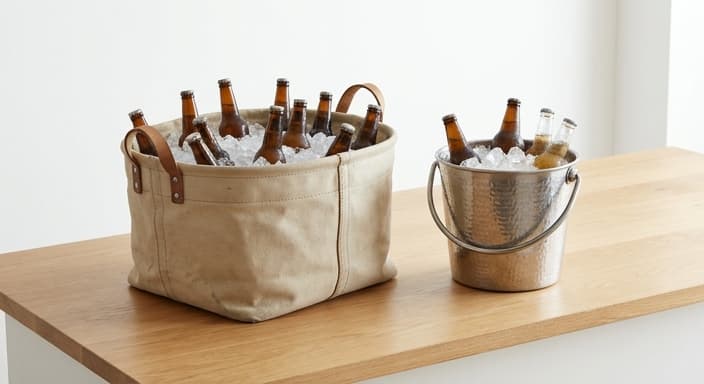 A bulky canvas tub and a hammered metal ice bucket sit ready for a summer gathering.