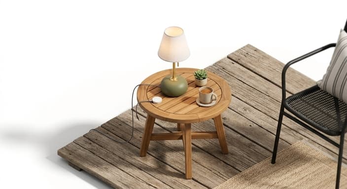 A cordless mid-century outdoor table lamp glows softly on a small patio table.