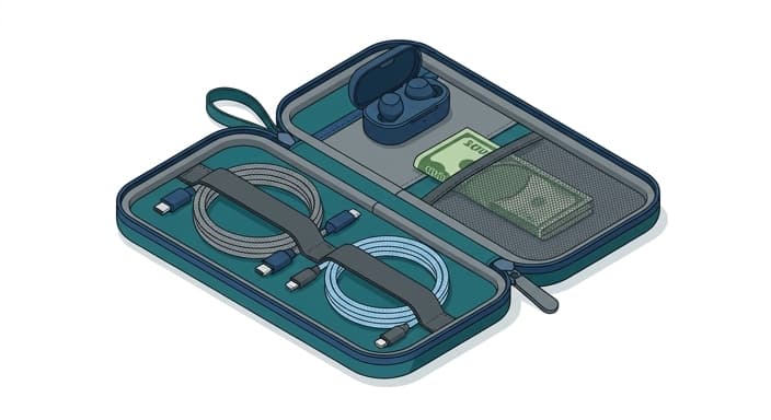 A neatly organized tech pouch keeps cables, earbuds, and local currency easily accessible.