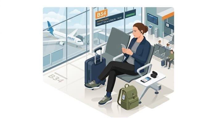 A traveler enjoys compact earbuds while wearing compression socks during summer travel.