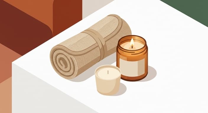 Cozy sustainable home vignette featuring bamboo lyocell textiles and a replaceable wax insert candle.