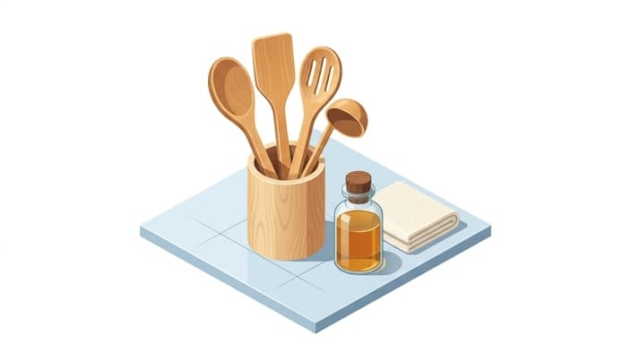 Wooden cooking utensils in a holder with a mineral oil bottle and cleaning cloth for maintenance.