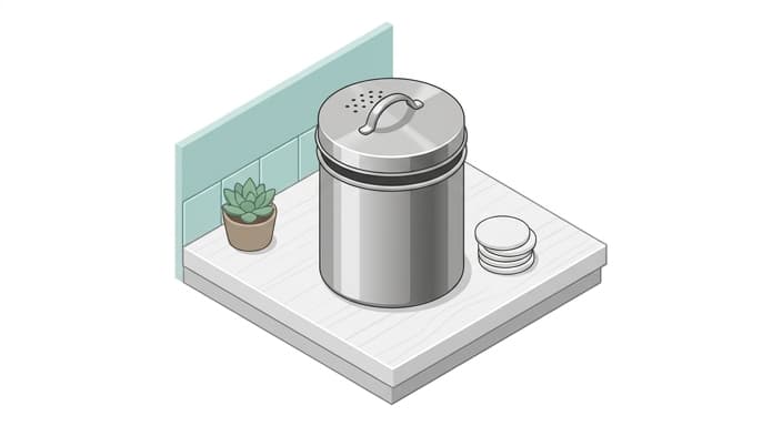 Stainless steel compost bin with replaceable filters and removable liner on the counter.