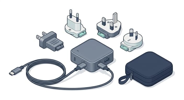 A palm-sized travel charger with swappable plug heads sits ready for any destination.