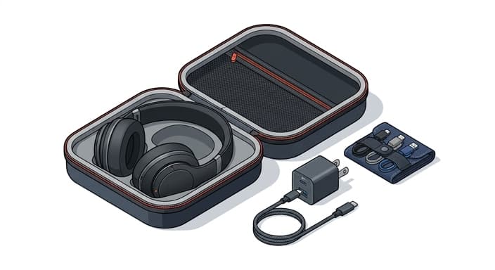 A travel-ready audio kit sits beside a compact GaN charger on a clean, minimal workspace.
