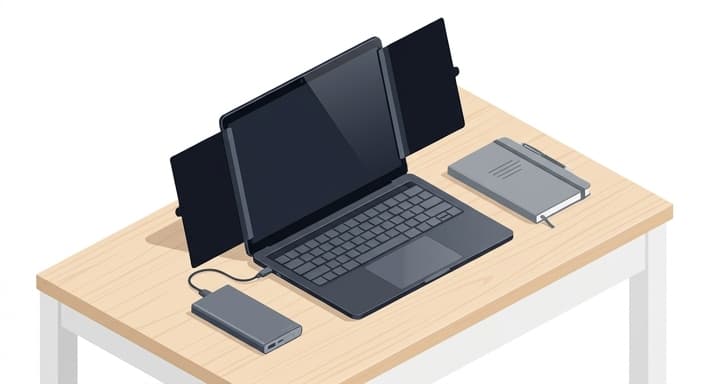 A laptop with magnetic privacy screens on its sides shields the display in a travel-ready workspace.