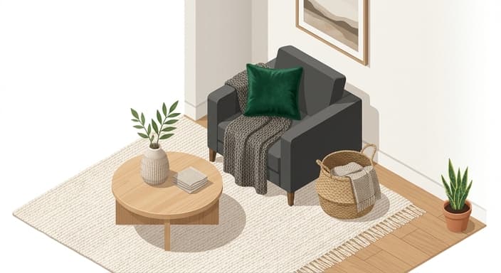 Texture-rich accents anchor a cozy seating nook.