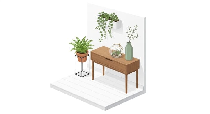 Greenery and discreet organization blend in a calm, functional space.