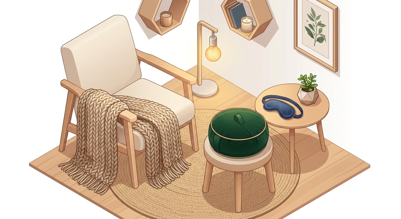 Cozy sensory gifts: a chunky knit throw, velvet cushion, and eye mask ready for unwinding.