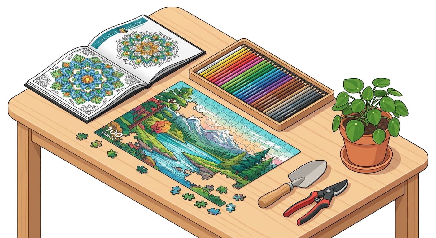A calm workstation pairing coloring, puzzles, and gardening tools for stress-free hobbies.